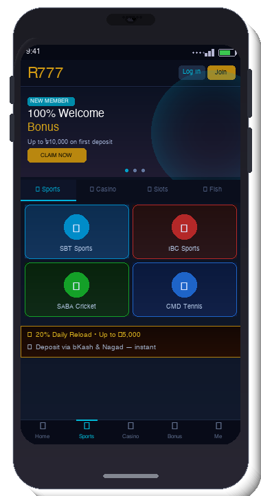 R777 mobile app home screen with sports lobby